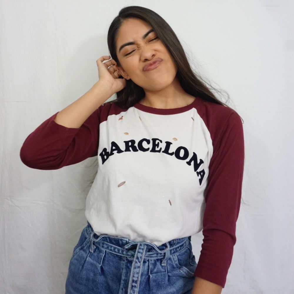 White & Burgundy Barcelona Baseball Tee with Rips